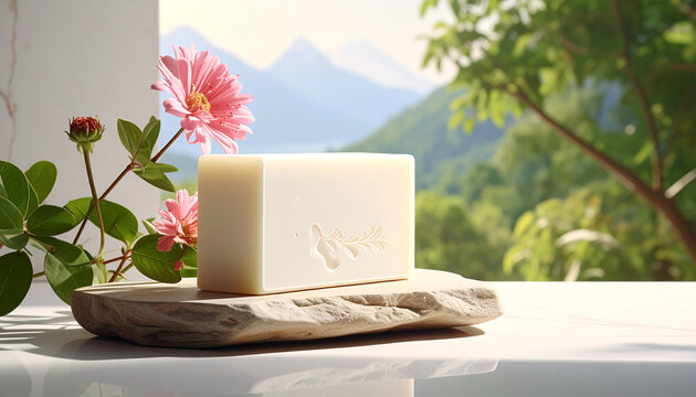 Soap and flower with mountain view