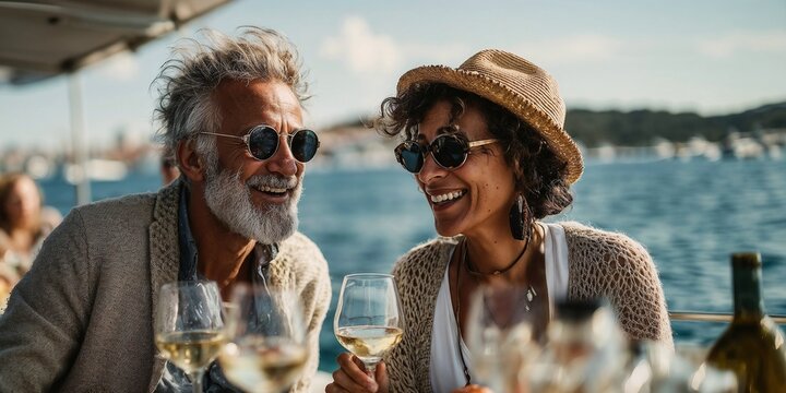 Mature, senior man and woman, couple with sunglasses laugh while drinking, enjoying white wine,  dinner during a luxury boat excursion on a bright sunny afternoon in a restaurant at the ocean,sea