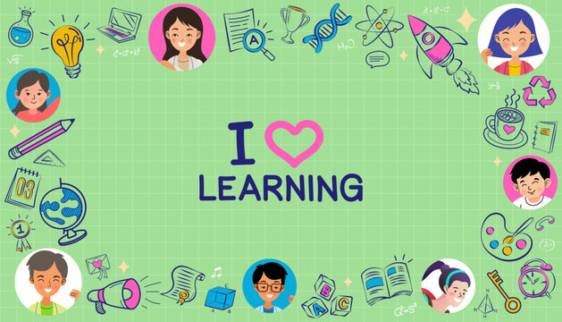 Education frame background with student avatars and school icons. Creative learning border design with rocket, globe, and atom symbols for online classroom and back to school banner.