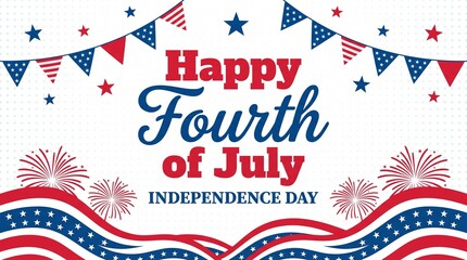 Obraz premium Happy Fourth of July Independence Day Celebration Banner with American Flag Bunting and Fireworks