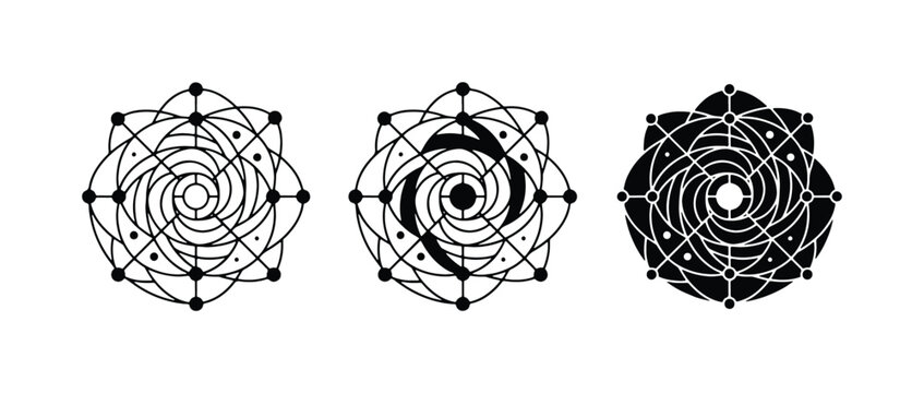 Geometric Sacred Geometry Symbols, Esoteric Ornate Mandala Designs, Mystical Cosmic Flower Icons, Spiritual Abstract Art Elements, Vector Set