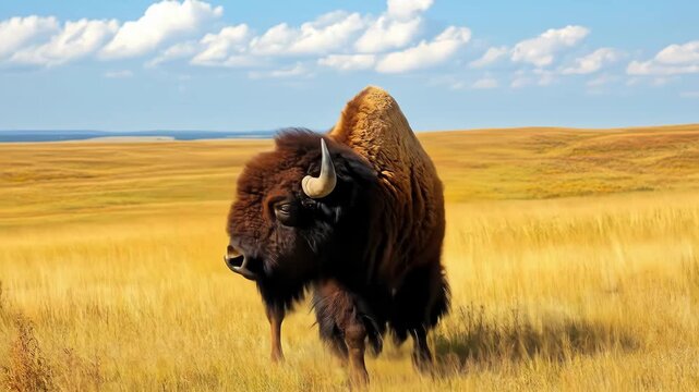 American bison standing in a vast golden grassland prairie under a blue sky with white clouds.