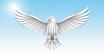 Fototapeta premium White dove, flying bird, wings spread, sunny sky background, peaceful symbol