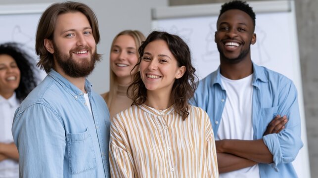 Team smiles at camera : a team of diverse individuals stand shoulder to shoulder, radiating optimism and togetherness, and beaming at the viewer with warm smiles. 