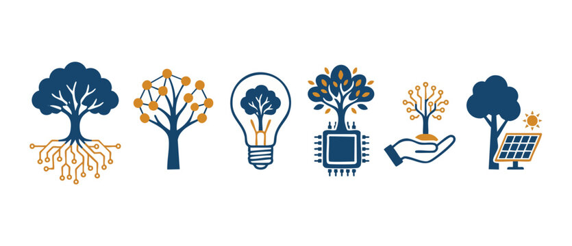 Digital Technology Tree Icons Set, Sustainable Eco Innovation Concept, Green Energy Symbols, Circuit Board Roots and Solar Panel Graphics for Environmental Business Development and Future Tech Solutio