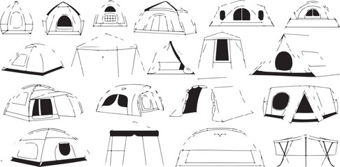Camping tent icons collection featuring various outdoor shelter designs and related equipment for adventure Outdoor Shelter Designs © KULSUM