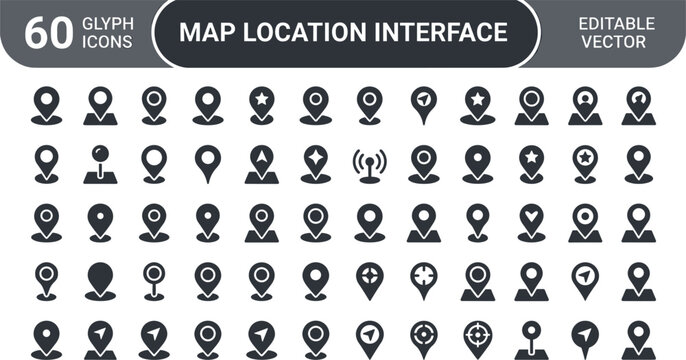 Map Location Interface Icon Set Featuring Pins, Markers, GPS Navigation, Waypoints, Directions and Geographic User Interface Elements