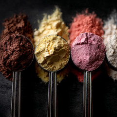 Assortment of colorful powders in spoons with food ingredient dietary supplement colorful