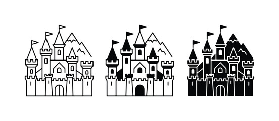 Fairytale Castle Icons, Medieval Fortress Vector Graphics, Fantasy Kingdom Building Illustrations © Taslima