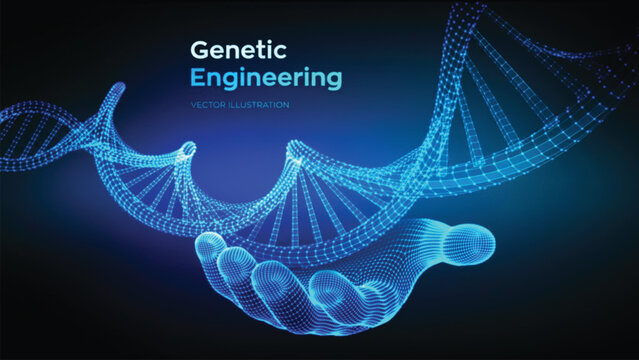 Wireframe robotic hand cradling glowing blue digital DNA strand representing genetic engineering and technological advancement in modern medical science and biotechnology research fields.