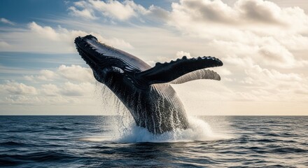 Fototapeta premium Majestic marine mammal breaches sea surface, sky backdrop