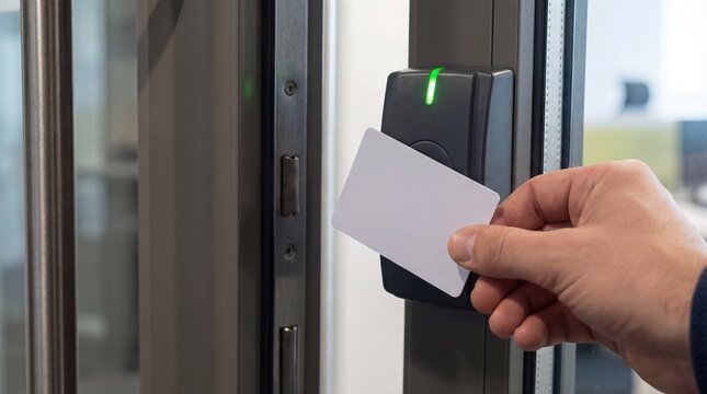 Hand Holding Access Card At Electronic Security Door Reader