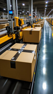 Automated systems folding and sealing cardboard boxes with perfect precision in an advanced packaging facility with polished industrial floors