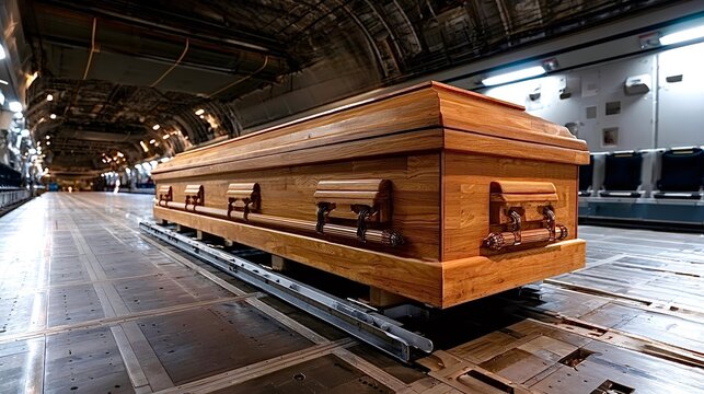 Wooden coffin inside military cargo plane for repatriation