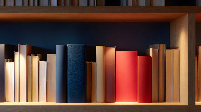 Minimal bookshelf with predominantly white beige and red books lit by warm shelf lighting for cozy interior scene