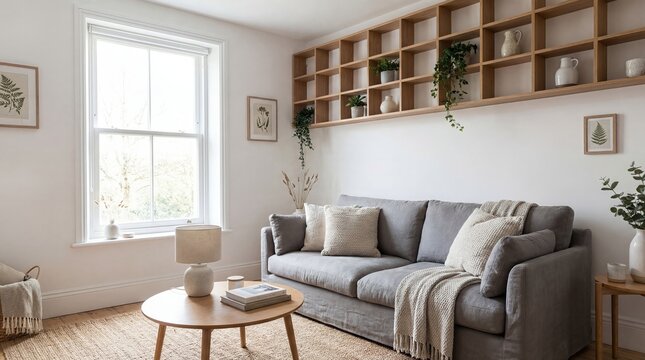 Modern Scandinavian Living Room Interior With Grey Sofa And Wooden Shelves
