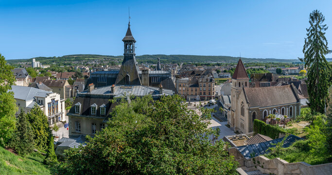 Chateau-Thierry, France - 05 01 2026: Panoramic view of the town hall, the United Protestant Church, the theater, the Balhan Tower and the surrounding countryside with sunny blue sky