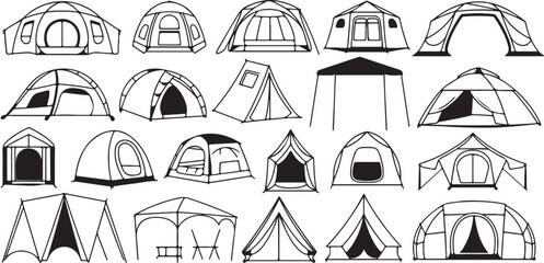 Camping tent icons collection featuring various outdoor shelter designs and related equipment for adventure Outdoor Shelter Designs © KULSUM