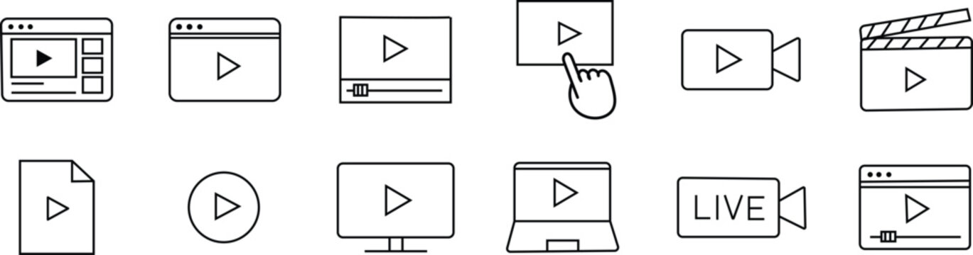 Multimedia player and live stream icons for web and mobile interface. Video and cinema icon set for movie player
