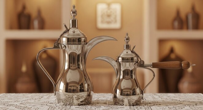 Traditional silver arabic coffee pots dallah set displayed on elegant patterned tablecloth in warm interior