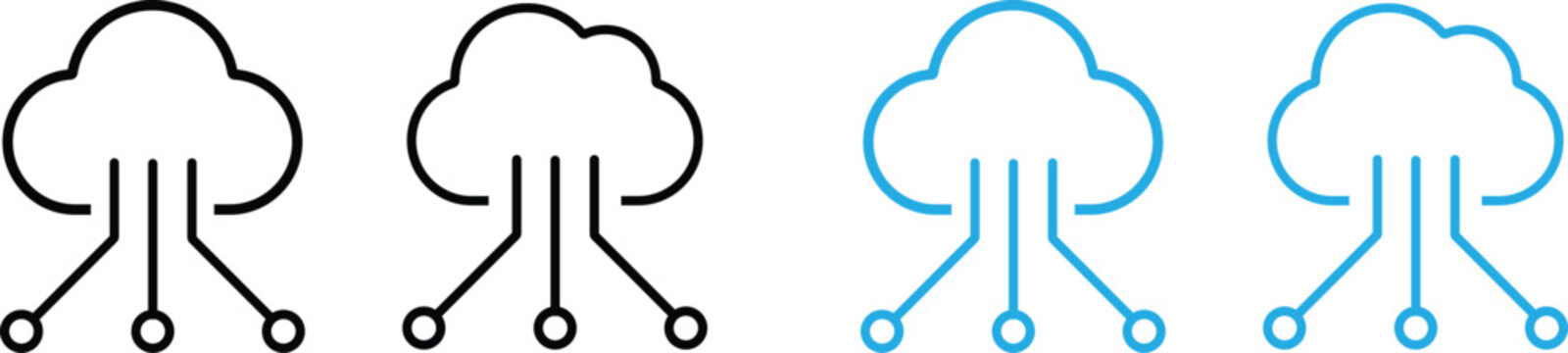 Cloud Computing and Data Distribution Icon Set in Black and Blue Outline Styles