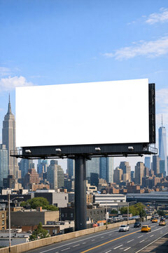 A blank billboard sign overlooking a bustling city skyline.