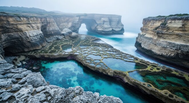 Misty coastal cliffs and natural tide pools