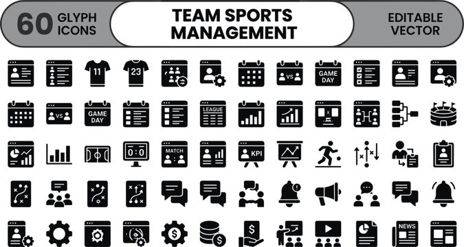 Team Sports Management Icon Set Featuring Scheduling, Analytics, Player Tracking, Coaching, Performance Metrics and Sports Administration Concepts