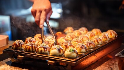 Naklejka premium takoyaki cooking on hot pan japan street food osaka snack shop japan travel