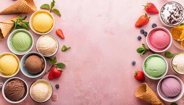 summer ice cream side border bowls and cones of colorful assorted flavors top view on a soft pink stone background copy space