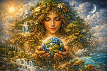 Naklejka premium A fantastical female figure with a nature-themed body and the Earth in her hands.