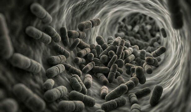 Microscopic 3D illustration of rod-shaped bacilli bacteria proliferating inside a biological tube or intestinal tract