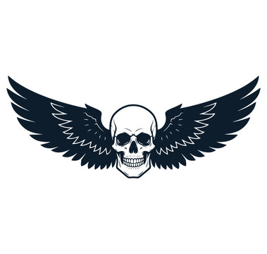 A skull with wings spread out on either side  symbolizing death and freedom
