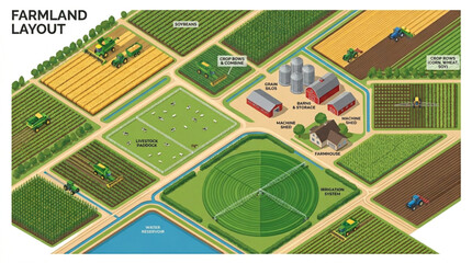 Aerial view of a well-organized farmland layout with crops and irrigation. © Joni