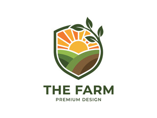 A logo that encapsulates the essence of farming, featuring sun, hills, and plants. The design reflects premium quality and a natural aesthetic for agricultural branding. © Jinliu