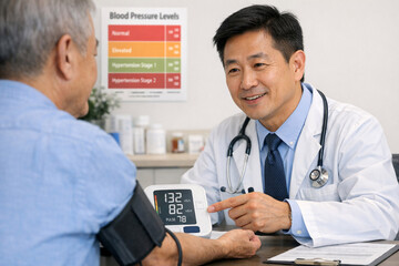 Fototapeta premium A health professional using a digital device to measure blood pressure while explaining the results to a patient.