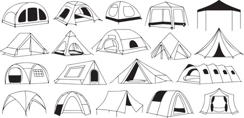 Camping tent icons collection featuring various outdoor shelter designs and related equipment for adventure Outdoor Shelter Designs © KULSUM