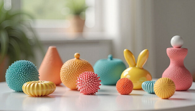 Pastel sensory therapy toys for autistic children on soft background with copy space