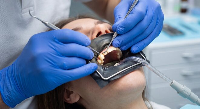 Dentist Removing Temporary Dental Crown from Patient's Tooth with Instrument