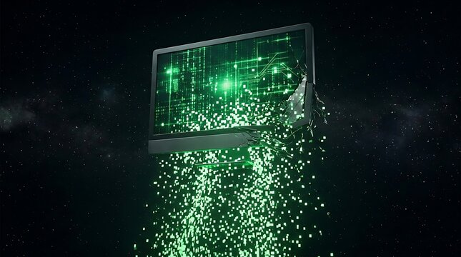 Broken computer screen with green digital code.