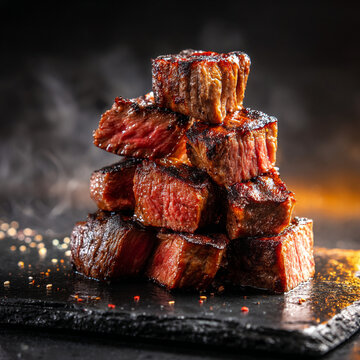 Tall stack of perfectly grilled beef steak cubes with steam emanating from them well done barbecue