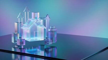 Fototapeta premium Futuristic glass house with luminous arrows symbolizing property investment growth