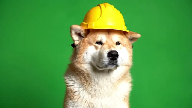 Cute Akita dog wearing a yellow construction hard hat on a green background, looking at the camera.