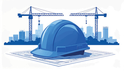 Obraz premium Blue Construction Hard Hat on Blueprint with Tower Cranes and City Skyline Illustration