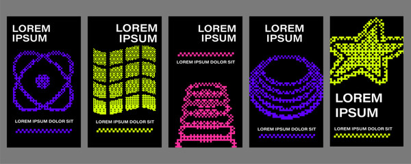 Y2K pixel halftone posters set with wave grids, start, orbit symbols, spiral rings and retro futuristic digital shapes on dark backgrounds © Thuong