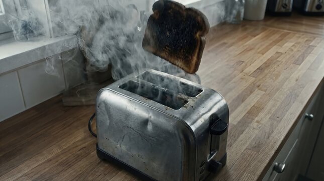 Burnt Toast Popping Out of a Smoking Toaster in a Kitchen