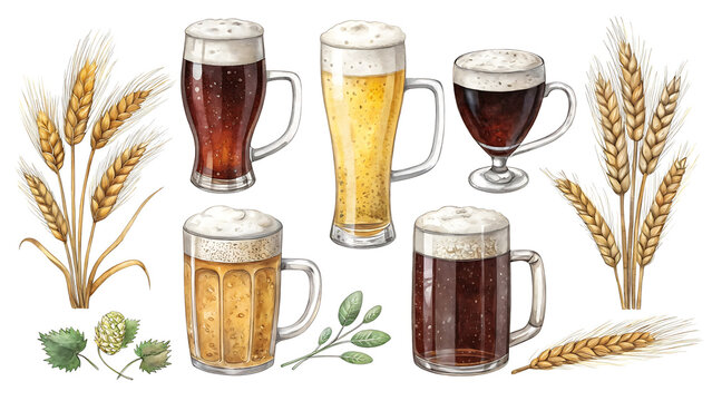 Watercolor Beer Illustration with Variety of Beer Types and Wheat Stalks Representing Brewing Ingredients and Craft Beer Production