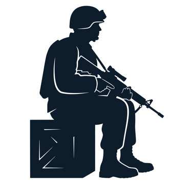 Soldier sitting on crate with rifle in hand profile view