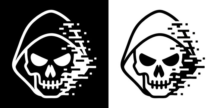 Glitch skull hacker icon with cyber attack and digital threat concept
