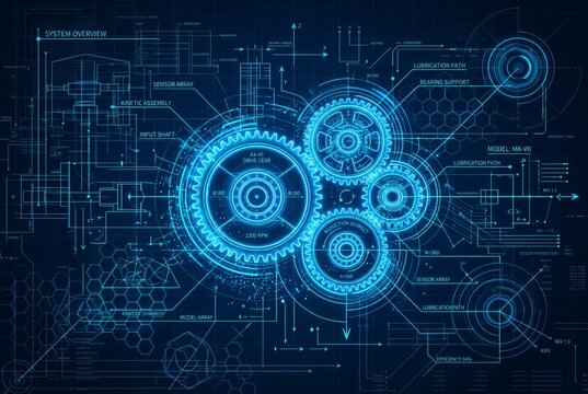 Futuristic Blue Digital Blueprint of Interlocking Gears and Circuits.